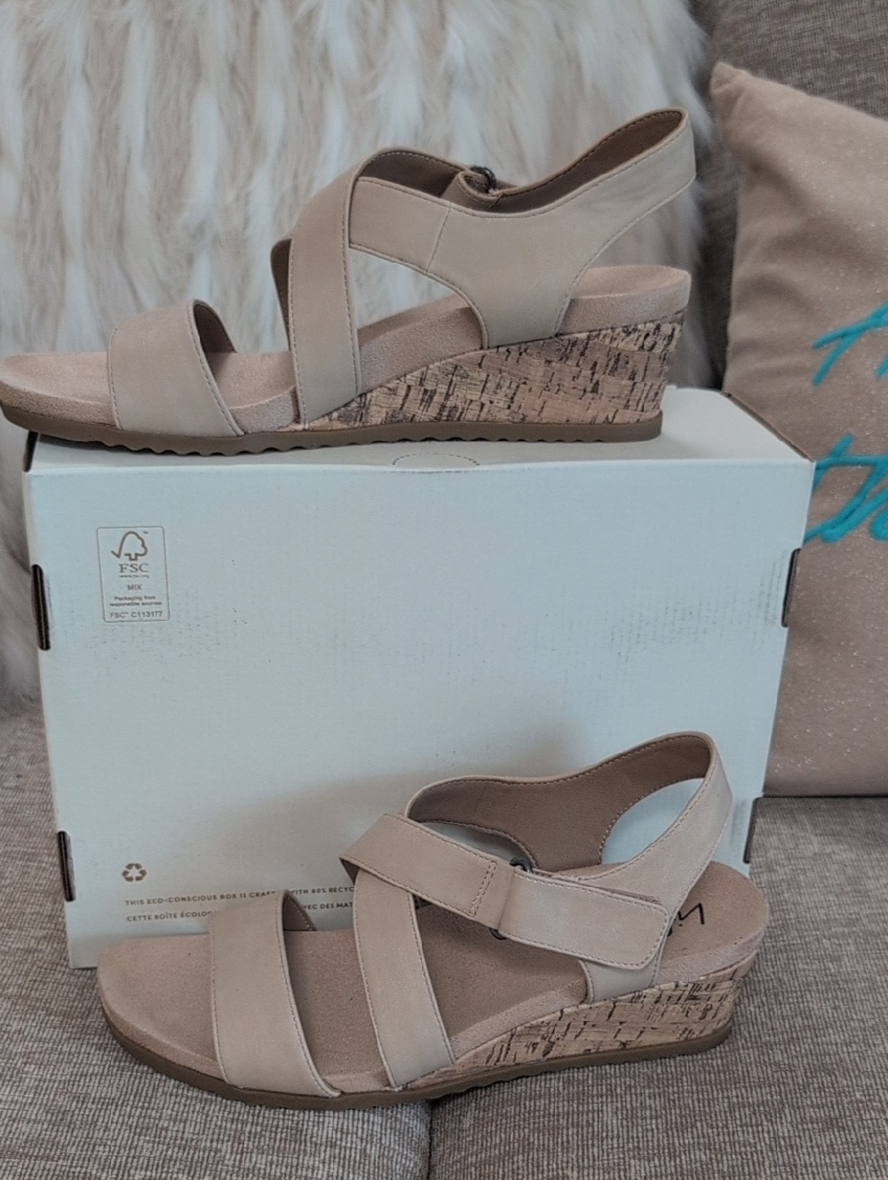 Velocity Neutral Beige Cork Wedge Sandals Brand New